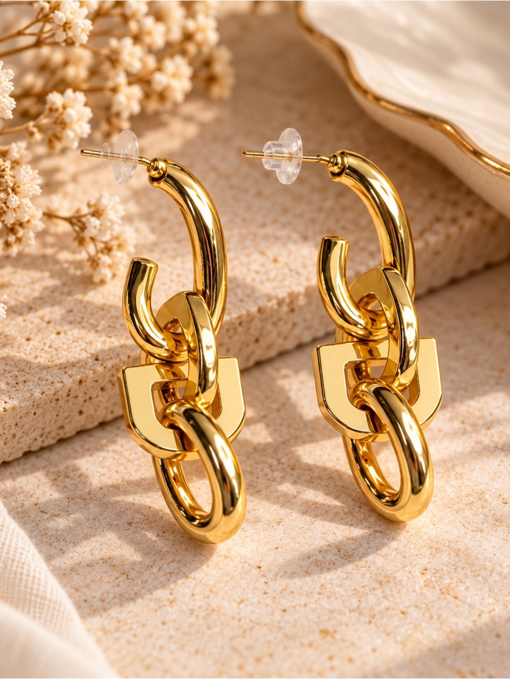 Gold Tone Chain Link Drop Earrings Geometric Statement Clear Backs
